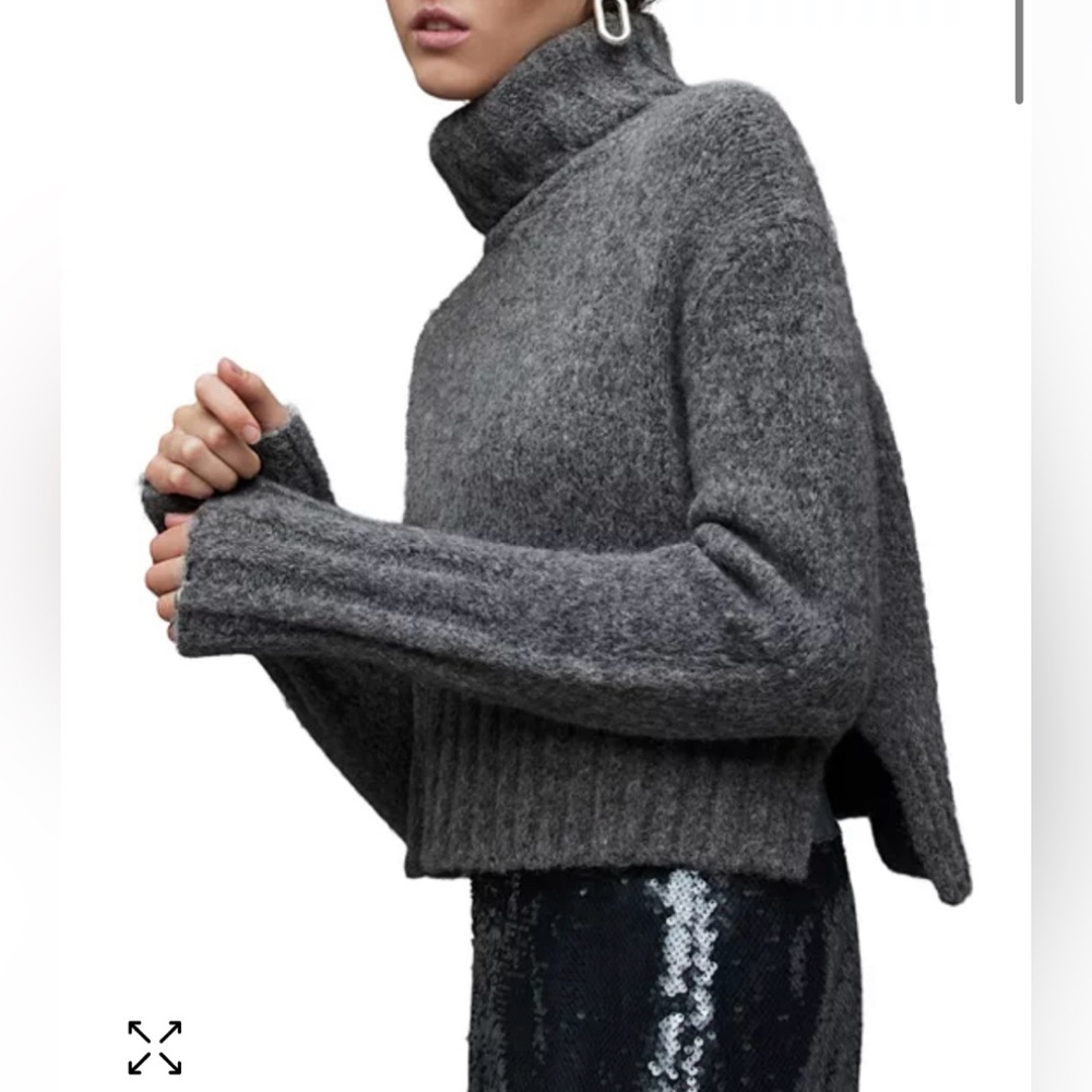 All Saints Gray Cropped Turtleneck Sweater